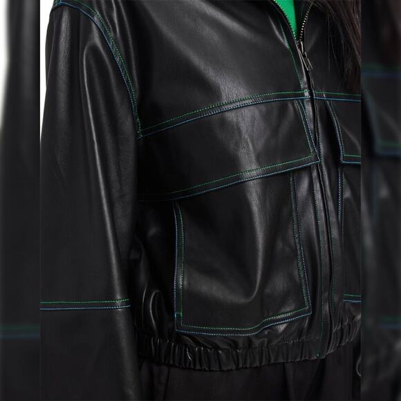 Apparis Faux Leather Tierra Vegan Leather Bomber Jacket Blue Green Stitching M - Picture 4 of 9